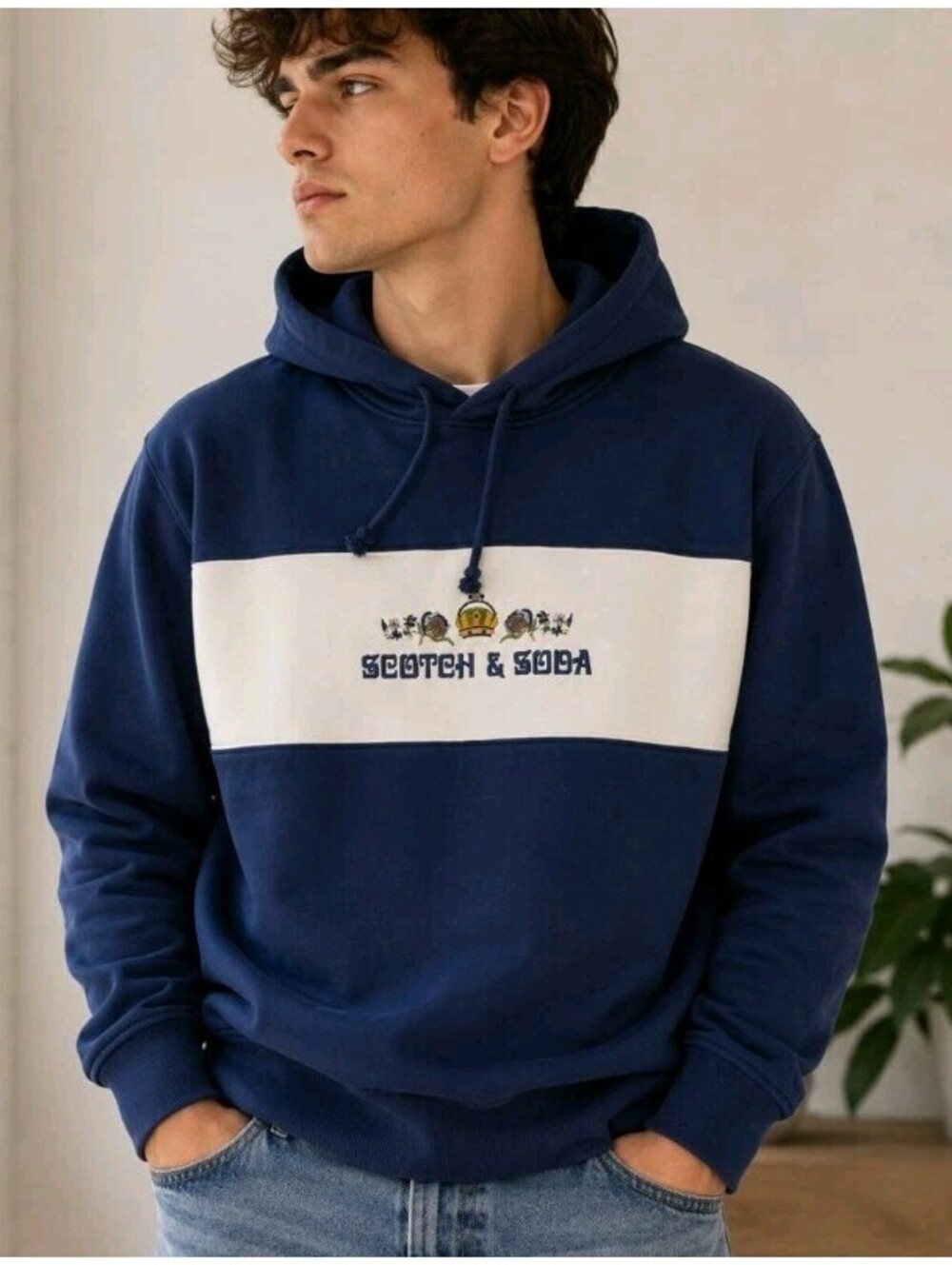 Scotch & Soda Amsterdam Embroidered Hoodie Blue White Colorblock Men’s XL